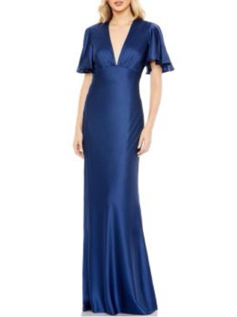 Mac Duggal Deep Blue Satin Plunge Neck Flounce Sleeve Trumpet Maxi Dress size 6